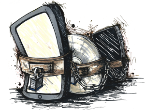 L'entrave des DRM. Dessin de Brendan Mruk et Matt Lee (CC BY-SA).